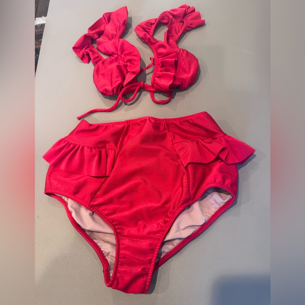 Red Ruffled High Waist Bikini Set